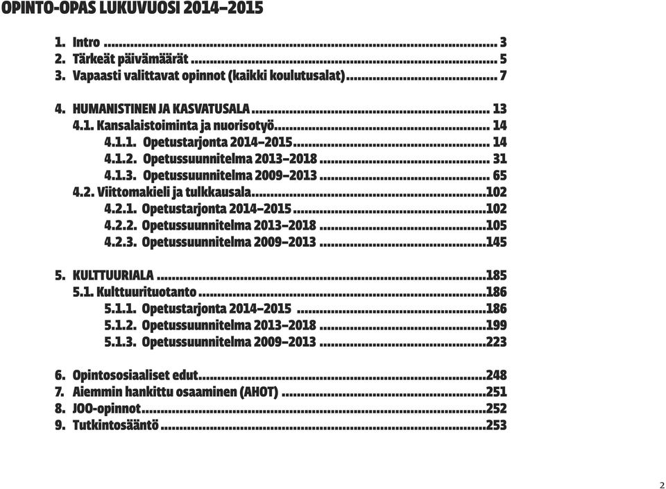 2.3. Opetussuunnitelma 2009 2013...145 5. KULTTUURIALA...185 5.1. Kulttuurituotanto...186 5.1.1. Opetustarjonta 2014 2015...186 5.1.2. Opetussuunnitelma 2013 2018...199 5.1.3. Opetussuunnitelma 2009 2013...223 6.