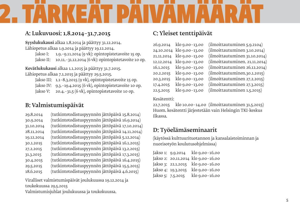 1 8.3.2015 (9 vk), opintopistetavoite 15 op. Jakso IV: 9.3. 19.4.2015 (6 vk), opintopistetavoite 10 op. Jakso V: 20.4. 31.5 (6 vk), opintopistetavoite 10 op. B: Valmistumispäivät 29.8.2014 (tutkintotodistuspyynnön jättöpäivä 15.