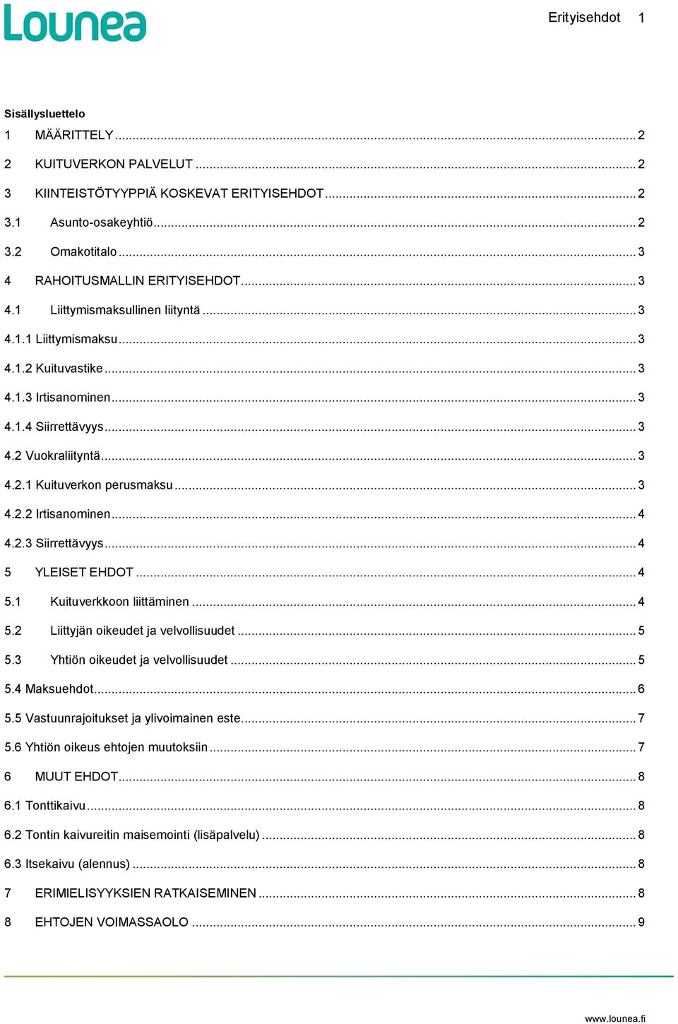 .. 3 4.2.1 Kuituverkon perusmaksu... 3 4.2.2 Irtisanominen... 4 4.2.3 Siirrettävyys... 4 5 YLEISET EHDOT... 4 5.1 Kuituverkkoon liittäminen... 4 5.2 Liittyjän oikeudet ja velvollisuudet... 5 5.