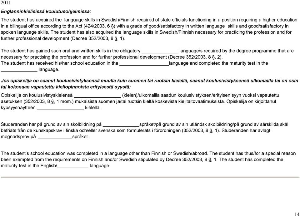The student has also acquired the language skills in Swedish/Finnish necessary for practicing the profession and for further professional development (Decree 352/2003, 8, 1).