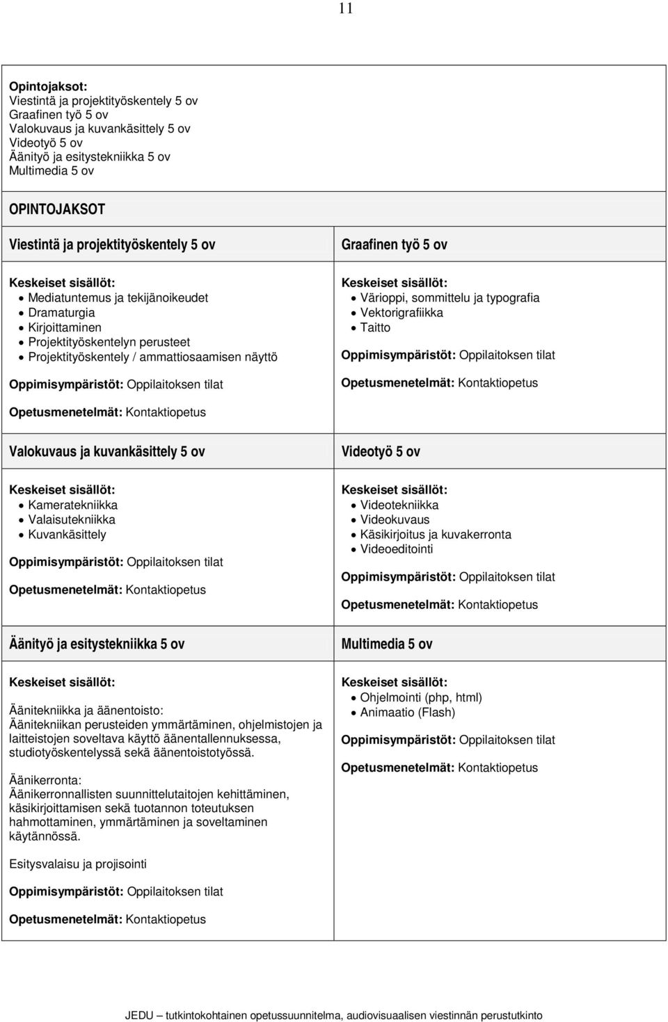 Oppilaitoksen tilat Värioppi, sommittelu ja typografia Vektorigrafiikka Taitto Oppimisympäristöt: Oppilaitoksen tilat Opetusmenetelmät: Kontaktiopetus Opetusmenetelmät: Kontaktiopetus Valokuvaus ja