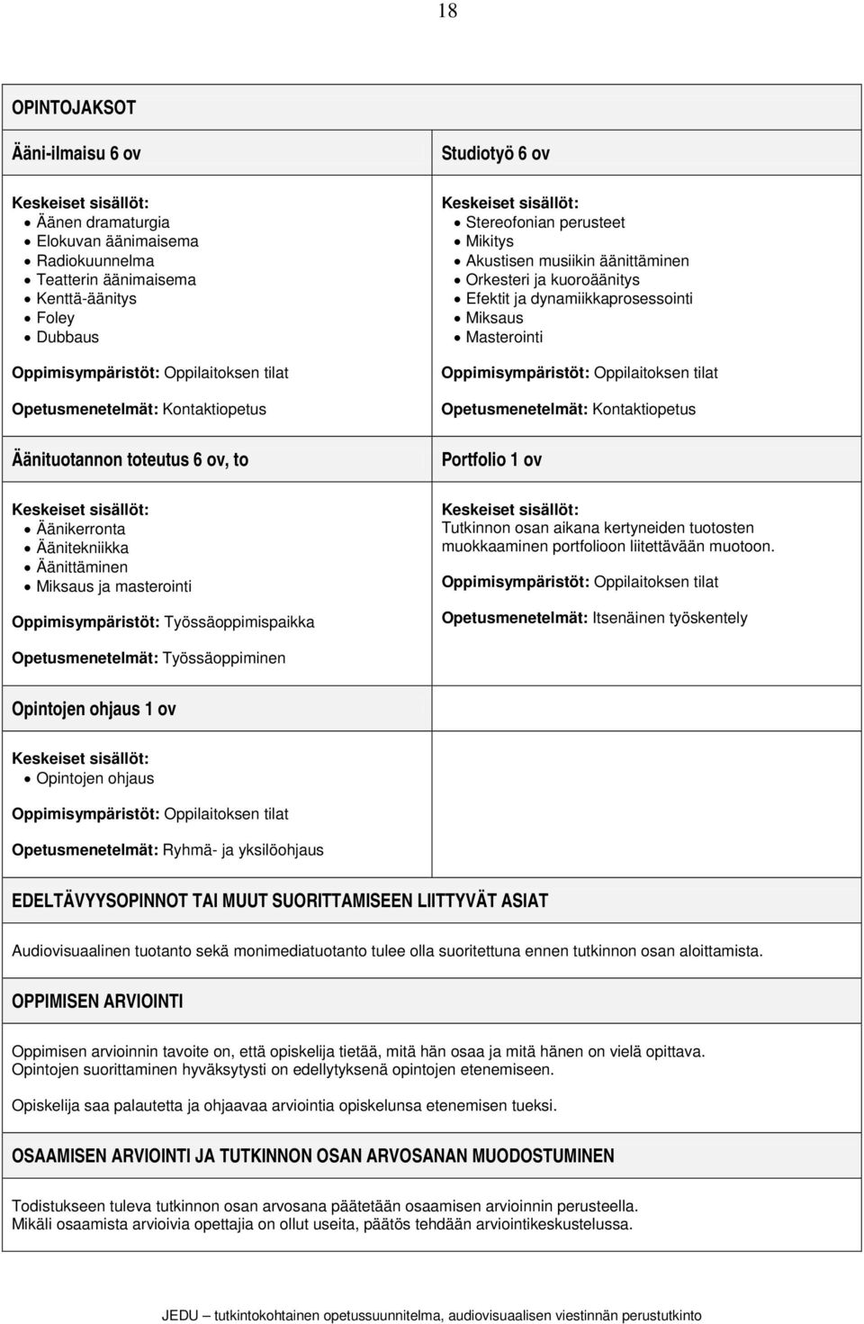 Oppilaitoksen tilat Opetusmenetelmät: Kontaktiopetus Äänituotannon toteutus 6 ov, to Portfolio 1 ov Äänikerronta Äänitekniikka Äänittäminen Miksaus ja masterointi Oppimisympäristöt: