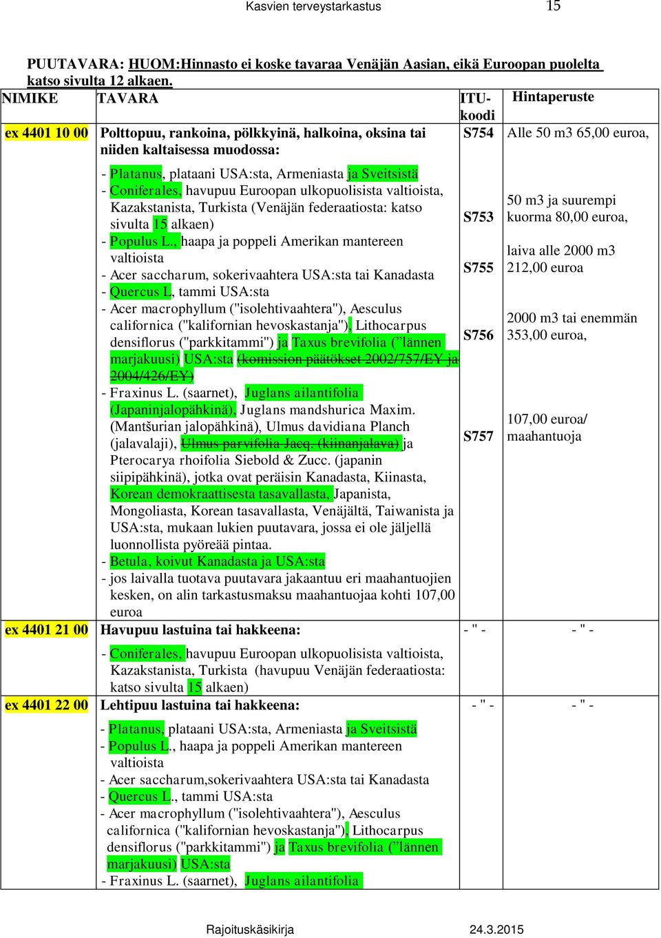 Armeniasta ja Sveitsistä - Coniferales, havupuu Euroopan ulkopuolisista valtioista, Kazakstanista, Turkista (Venäjän federaatiosta: katso sivulta 15 alkaen) - Populus L.