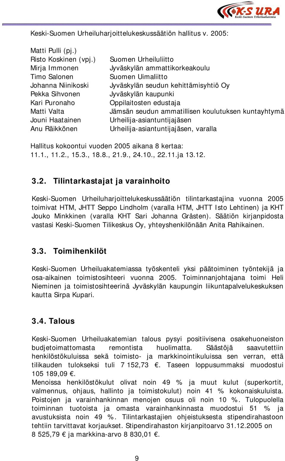 seudun kehittämisyhtiö Oy Jyväskylän kaupunki Oppilaitosten edustaja Jämsän seudun ammatillisen koulutuksen kuntayhtymä Urheilija-asiantuntijajäsen Urheilija-asiantuntijajäsen, varalla Hallitus