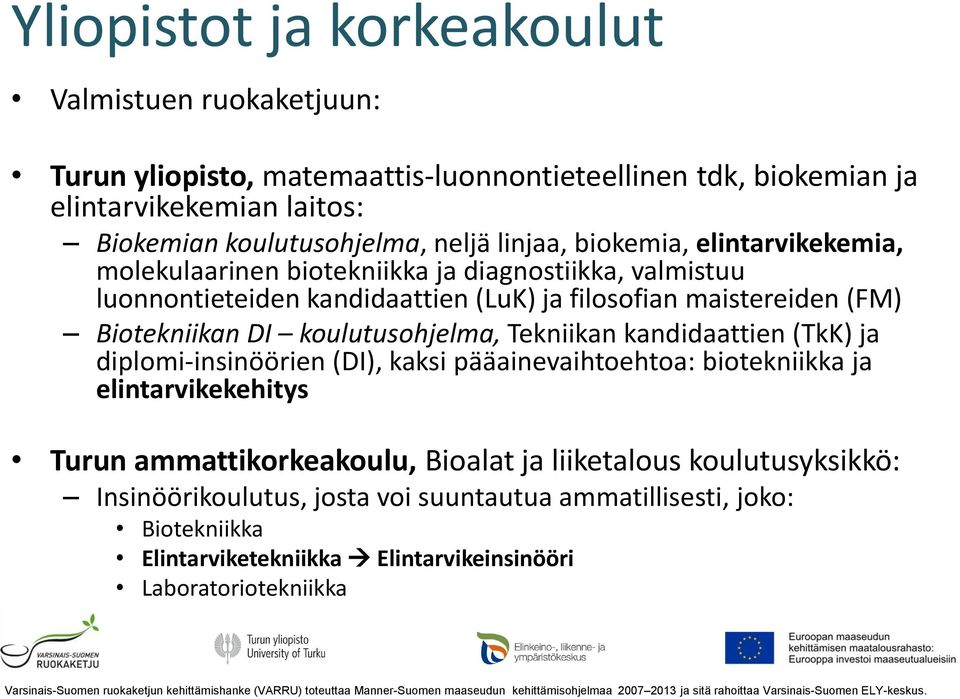 Biotekniikan DI koulutusohjelma, Tekniikan kandidaattien (TkK) ja diplomi-insinöörien (DI), kaksi pääainevaihtoehtoa: biotekniikka ja elintarvikekehitys Turun