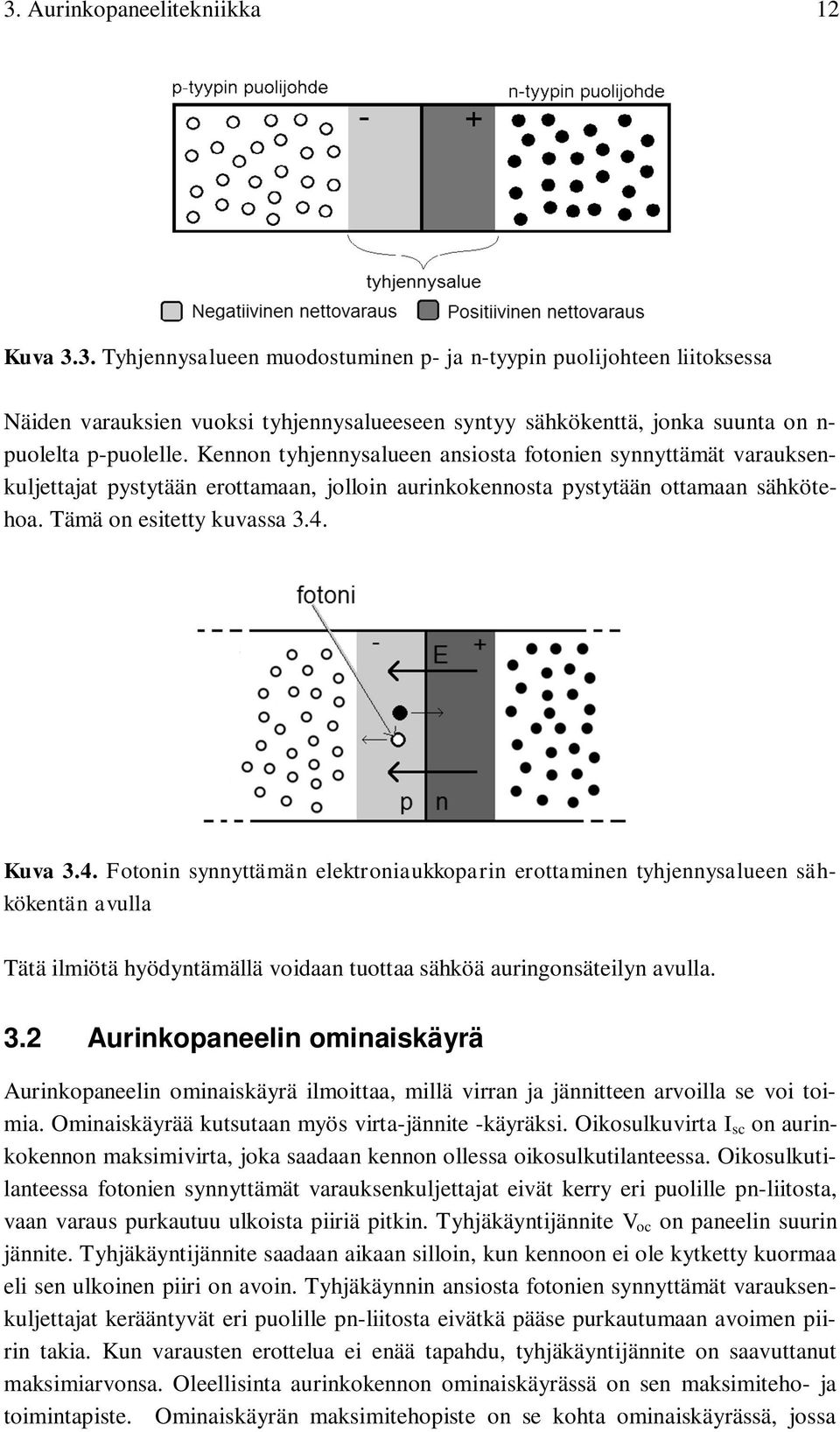 Kuva 3.4. Fotonin synnyttämän elektroniaukkoparin erottaminen tyhjennysalueen sähkökentän avulla Tätä ilmiötä hyödyntämällä voidaan tuottaa sähköä auringonsäteilyn avulla. 3.2 Aurinkopaneelin ominaiskäyrä Aurinkopaneelin ominaiskäyrä ilmoittaa, millä virran ja jännitteen arvoilla se voi toimia.