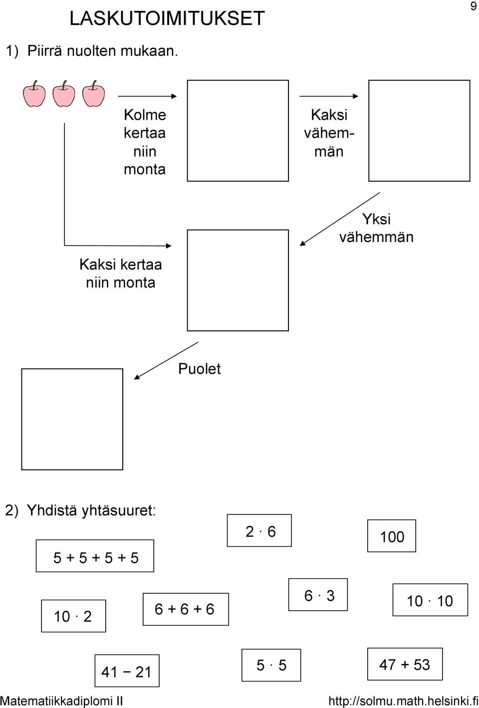 Kaksi kertaa niin monta Puolet 2) Yhdistä yhtäsuuret: