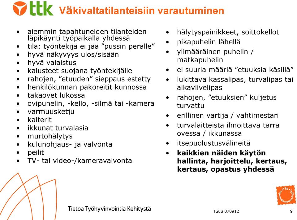 kulunohjaus- ja valvonta peilit TV- tai video-/kameravalvonta hälytyspainikkeet, soittokellot pikapuhelin lähellä ylimääräinen puhelin / matkapuhelin ei suuria määriä etuuksia käsillä lukittava