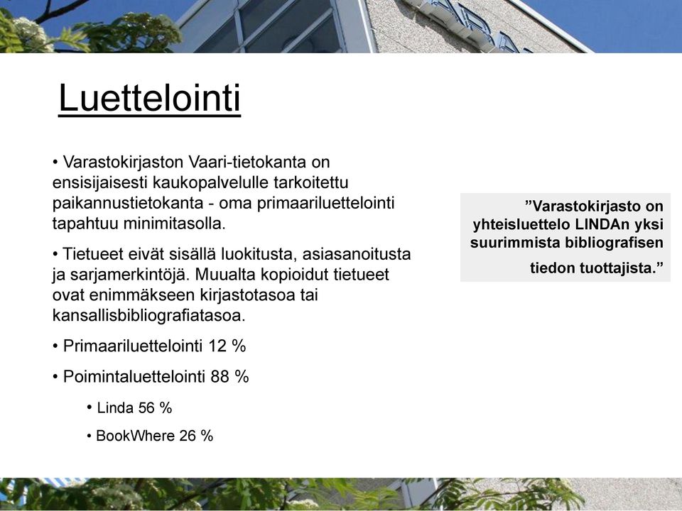 Muualta kopioidut tietueet ovat enimmäkseen kirjastotasoa tai kansallisbibliografiatasoa.