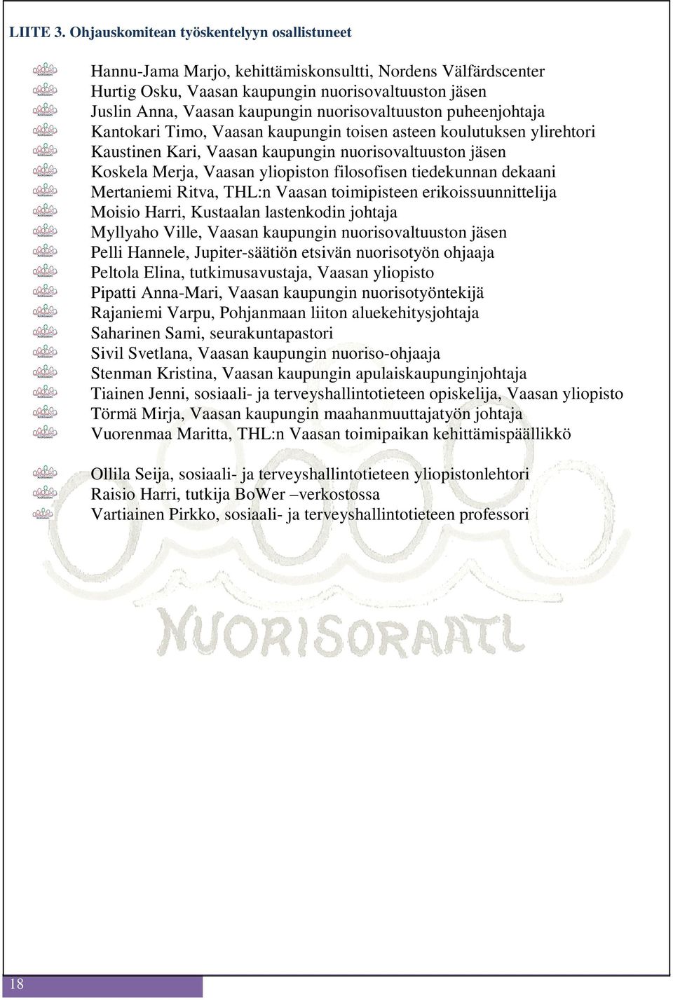 nuorisovaltuuston puheenjohtaja Kantokari Timo, Vaasan kaupungin toisen asteen koulutuksen ylirehtori Kaustinen Kari, Vaasan kaupungin nuorisovaltuuston jäsen Koskela Merja, Vaasan yliopiston