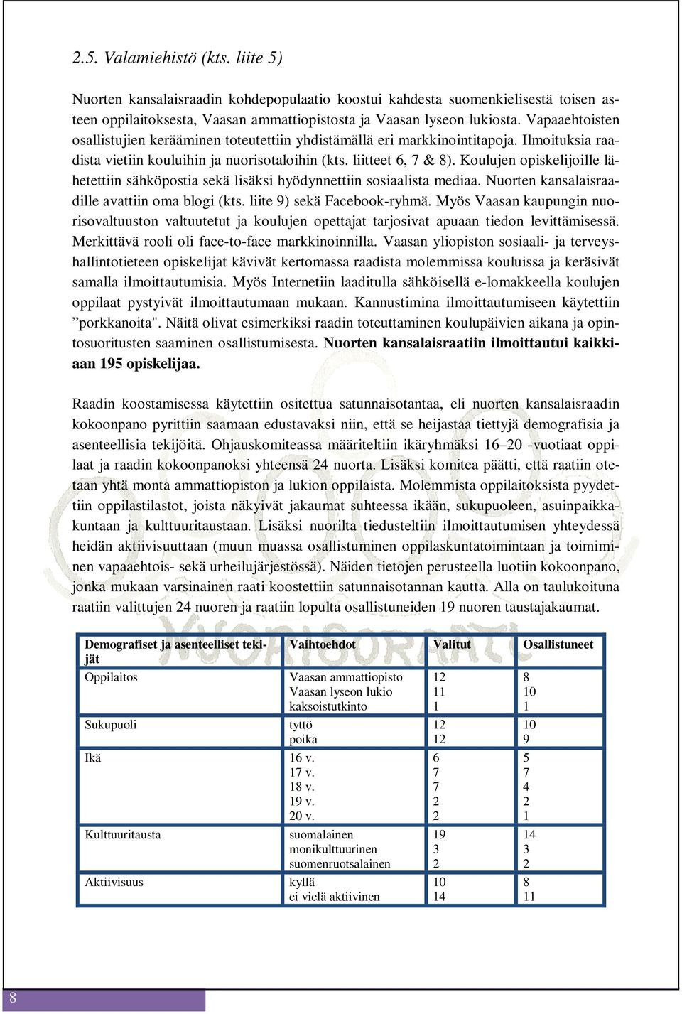 Koulujen opiskelijoille lähetettiin sähköpostia sekä lisäksi hyödynnettiin sosiaalista mediaa. Nuorten kansalaisraadille avattiin oma blogi (kts. liite 9) sekä Facebook-ryhmä.