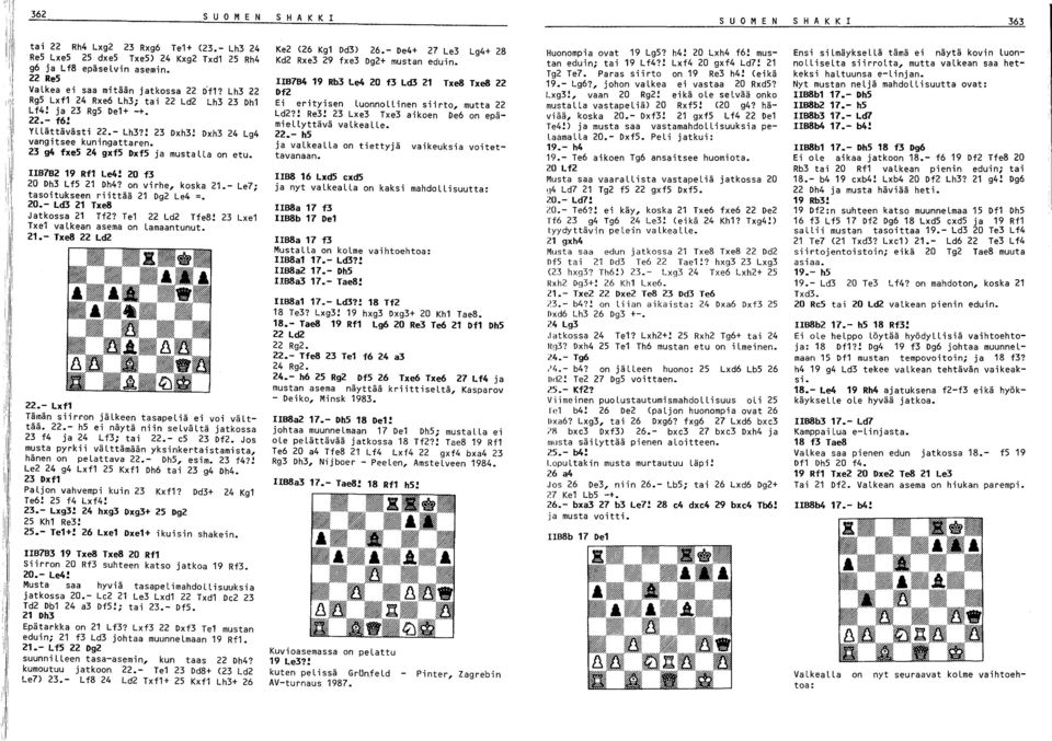 23 g4 fxe5 24 gxf5 Dxf5 ja mustalla on etu. B7B2 19 Rf1 Le4! 20 f3 20 Oh3 Lf5 21 Dh4? on virhe, koska 21.- Le7; tasoitukseen riittää 21 Og2 Le4 =. 20.- Ld3 21 Txe8 Jatkossa 21 Tf2? Te1 22 Ld2 Tfe8!