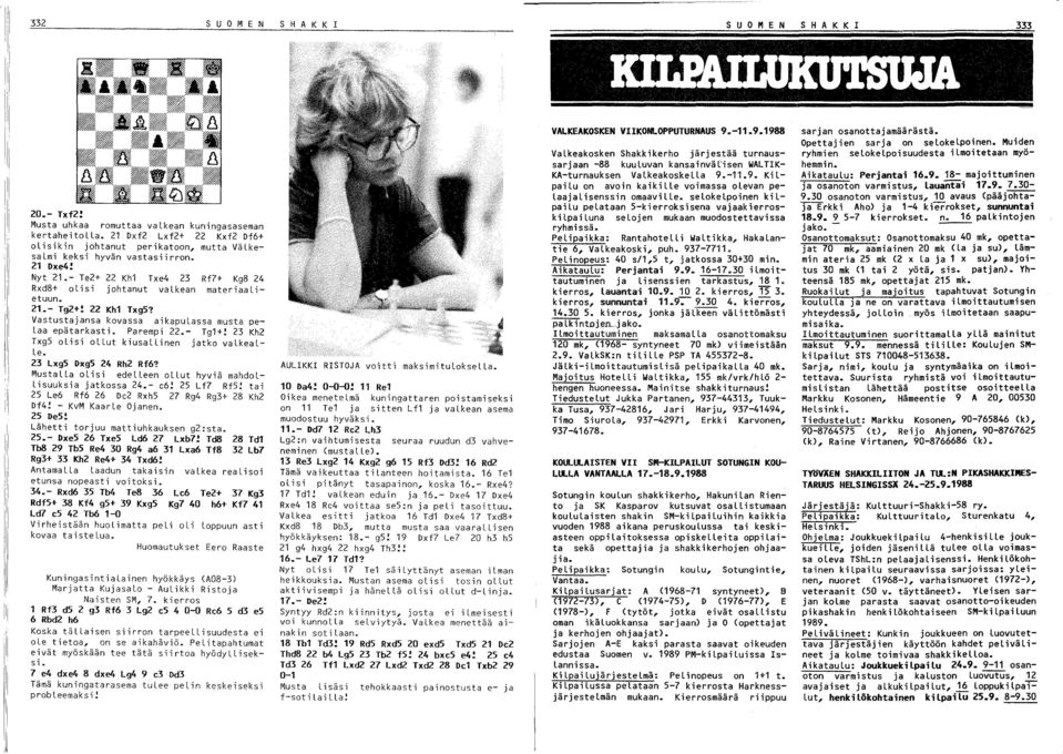 22 Kh1 Txg5? Vastustajansa kovassa aikapulassa musta pelaa epätarkasti. Parempi 22.- T91+! 23 Kh2 Txg5 olisi ollut kiusallinen jatko valkealleo 23 Lxg5 Dxg5 24 Rh2 Rf6?