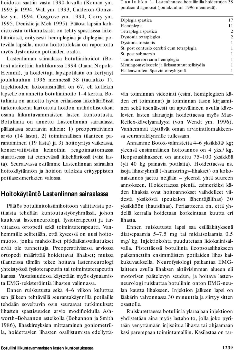 osalta. Lastenlinnan sairaalassa botuliinihoidot (Botox) aloitettiin huhtikuussa 1994 (Jaana Nopola- Hemmi), ja hoidettuja lapsipotilaita on kertynyt joulukuuhun 1996 mennessä 38 (taulukko 1).