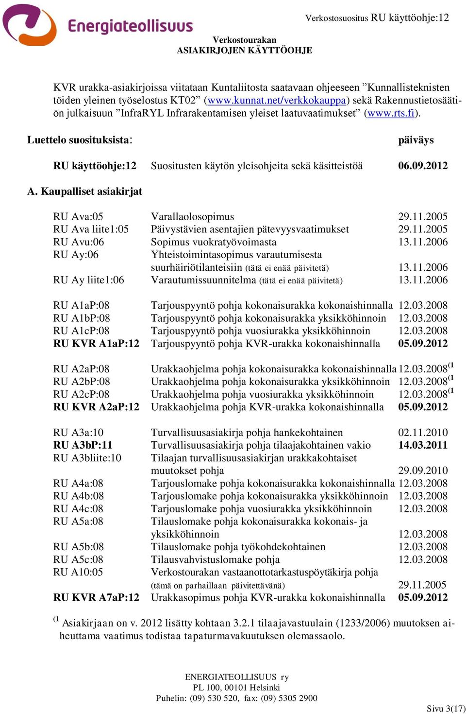 Luettelo suosituksista: päiväys RU käyttöohje:12 Suositusten käytön yleisohjeita sekä käsitteistöä 06.09.2012 A. Kaupalliset asiakirjat RU Ava:05 Varallaolosopimus 29.11.