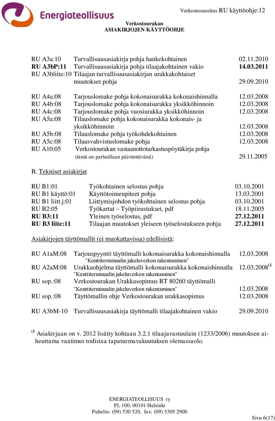 2008 RU A4b:08 Tarjouslomake pohja kokonaisurakka yksikköhinnoin 12.03.2008 RU A4c:08 Tarjouslomake pohja vuosiurakka yksikköhinnoin 12.03.2008 RU A5a:08 Tilauslomake pohja kokonaisurakka kokonais- ja yksikköhinnoin 12.