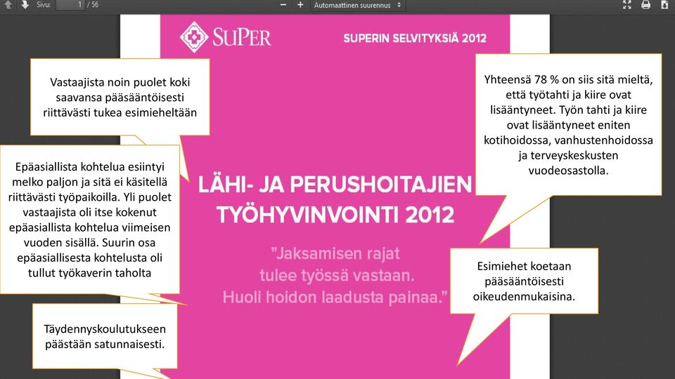 Suurin osa epäasiallisesta kohtelusta oli tullut työkaverin taholta Yhteensä 78 % on siis sitä mieltä, että työtahti ja kiire ovat lisääntyneet.