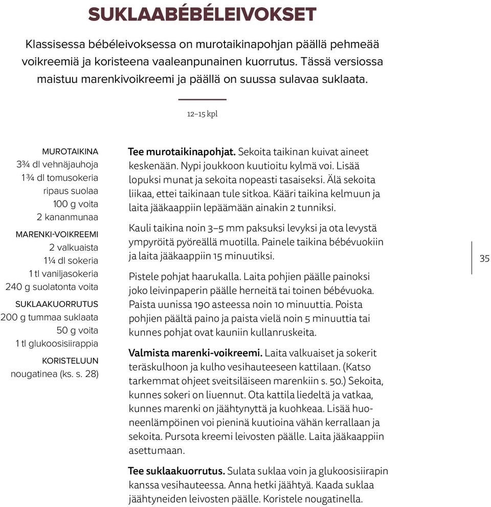 12 15 kpl MUROTAIKINA 3¾ dl vehnäjauhoja 1 ¾ dl tomusokeria ripaus suolaa 100 g voita 2 kananmunaa MARENKI-VOIKREEMI 2 valkuaista 1 ¼ dl sokeria 1 tl vaniljasokeria 240 g suolatonta voita