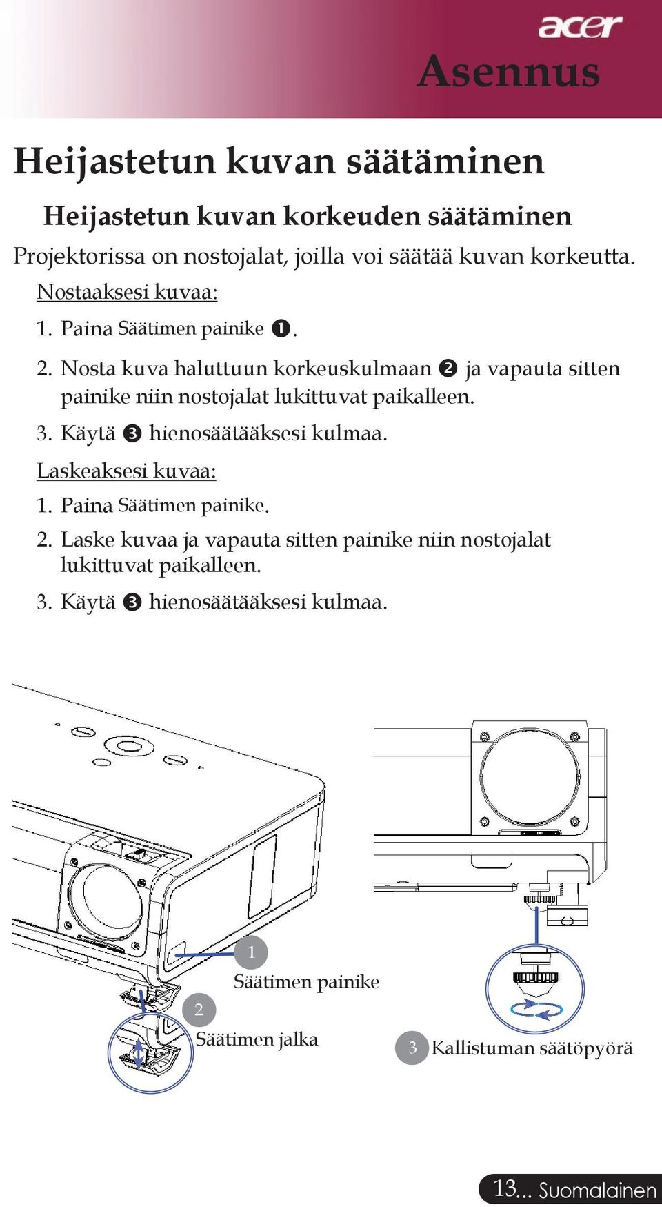 Nosta kuva haluttuun korkeuskulmaan ja vapauta sitten painike niin nostojalat lukittuvat paikalleen. 3. Käytä hienosäätääksesi kulmaa.