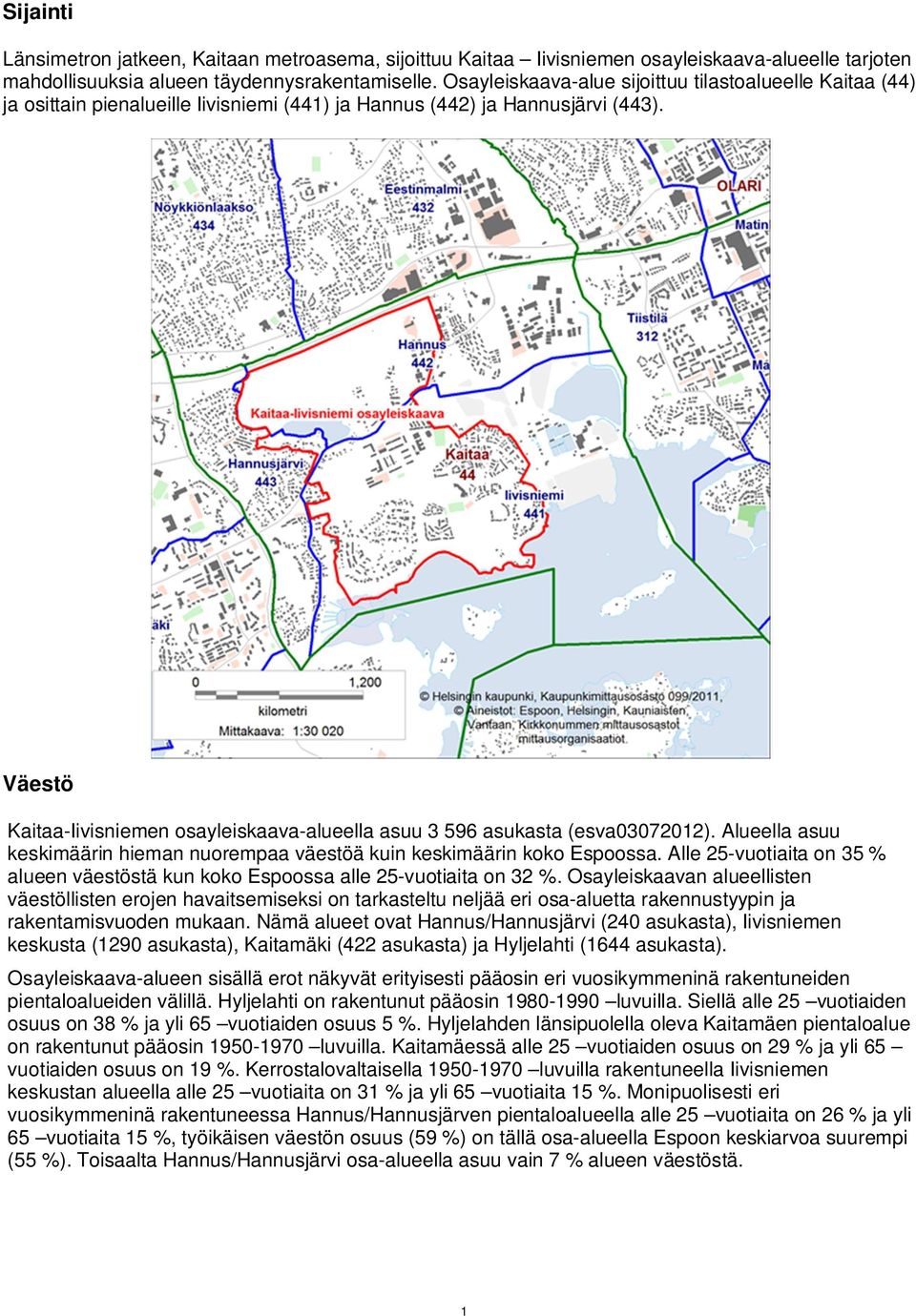 Väestö Kaitaa-Iivisniemen osayleiskaava-alueella asuu 3 596 asukasta (esva03072012). Alueella asuu keskimäärin hieman nuorempaa väestöä kuin keskimäärin koko Espoossa.