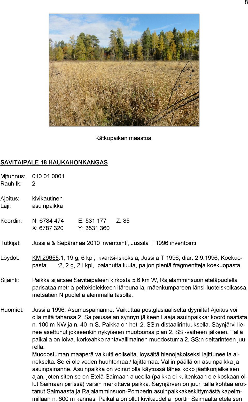 inventointi KM 29655:1, 19 g, 6 kpl, kvartsi-iskoksia, Jussila T 1996, diar. 2.9.1996, Koekuopasta. :2, 2 g, 21 kpl, palanutta luuta, paljon pieniä fragmentteja koekuopasta.