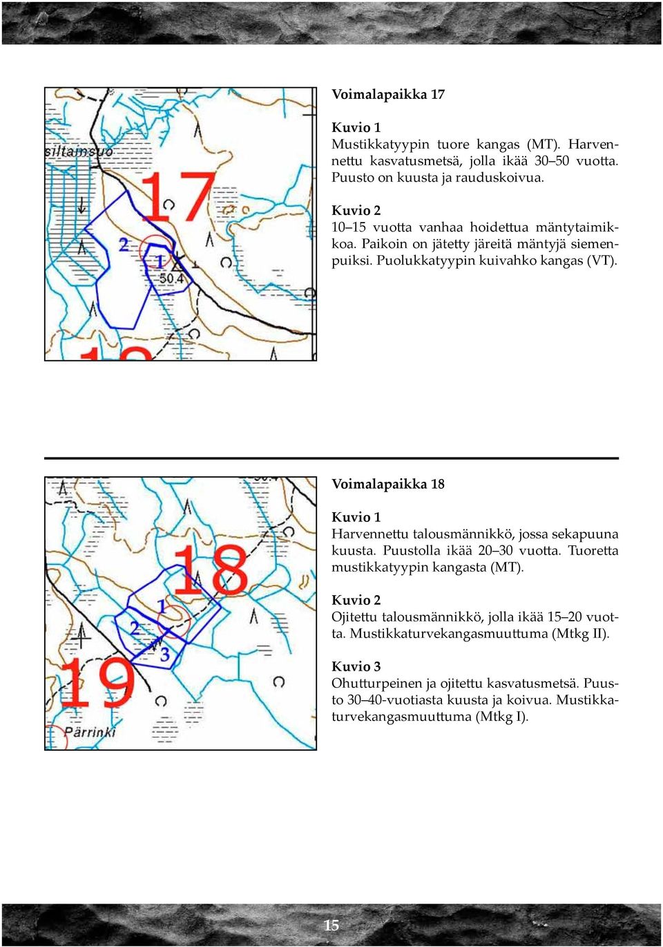 Voimalapaikka 18 Harvennettu talousmännikkö, jossa sekapuuna kuusta. Puustolla ikää 20 30 vuotta. Tuoretta mustikkatyypin kangasta (MT).