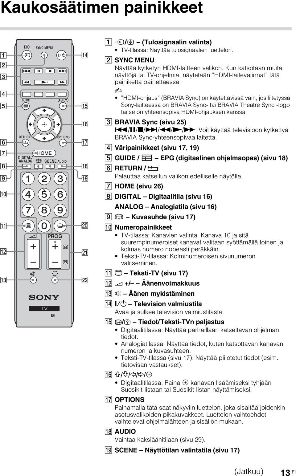 HDMI-ohjaus (BRAVIA Sync) on käytettävissä vain, jos liitetyssä Sony-laitteessa on BRAVIA Sync- tai BRAVIA Theatre Sync -logo tai se on yhteensopiva HDMI-ohjauksen kanssa. 3 BRAVIA Sync (sivu 25).