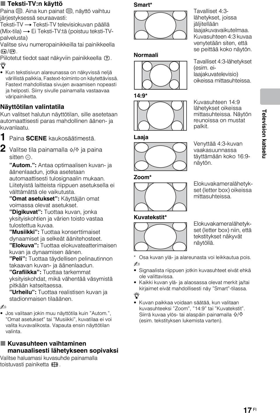 tai painikkeella /. Piilotetut tiedot saat näkyviin painikkeella. z Kun tekstisivun alareunassa on näkyvissä neljä värillistä palkkia, Fastext-toiminto on käytettävissä.