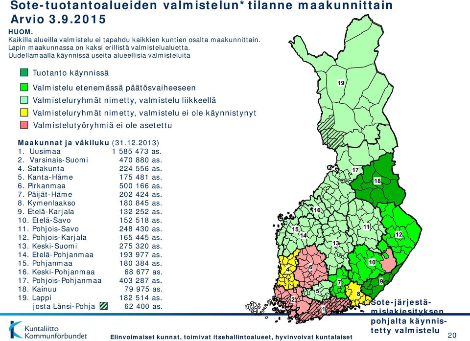 Uudellamaalla käynnissä useita alueellisia valmisteluita Tuotanto käynnissä Valmistelu etenemässä päätösvaiheeseen Valmisteluryhmät nimetty, valmistelu liikkeellä Valmisteluryhmät nimetty, valmistelu