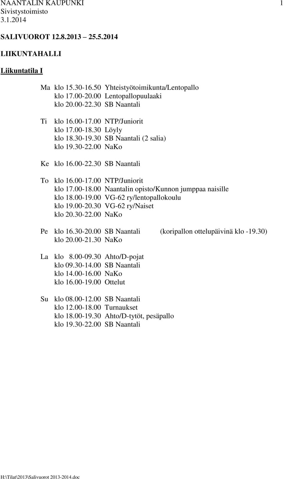 00-19.00 VG-62 ry/lentopallokoulu klo 19.00-20.30 VG-62 ry/naiset klo 20.30-22.00 NaKo Pe klo 16.30-20.00 SB Naantali (koripallon ottelupäivinä klo -19.30) klo 20.00-21.30 NaKo La klo 8.00-09.