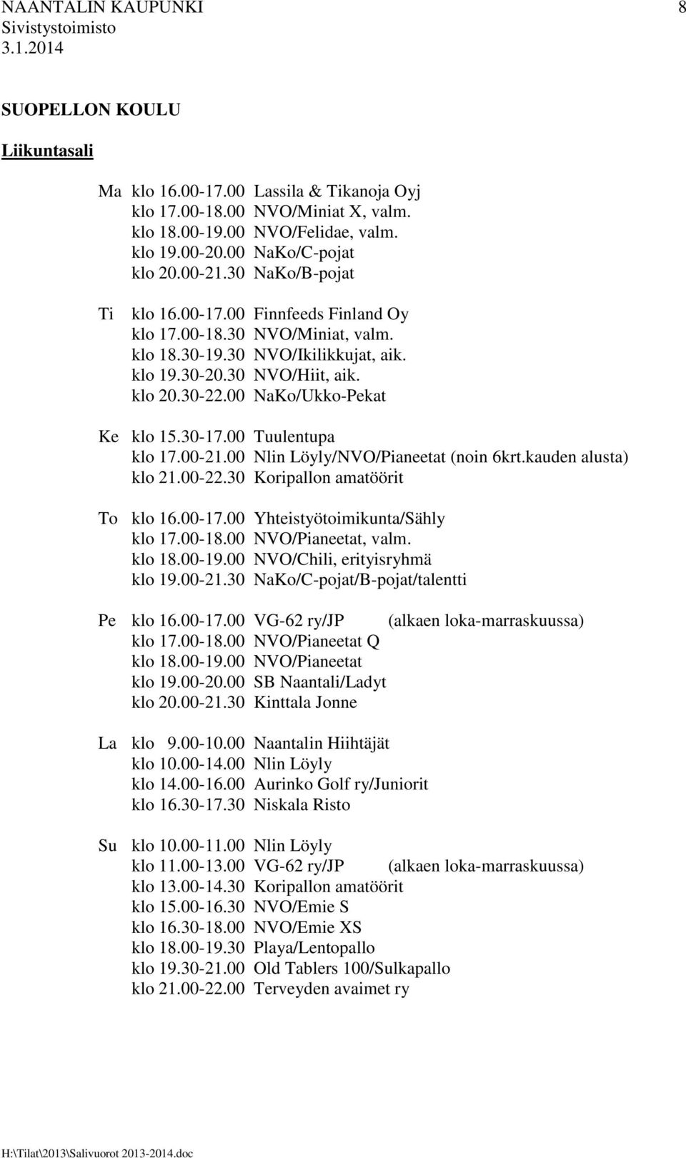 00 NaKo/Ukko-Pekat Ke klo 15.30-17.00 Tuulentupa klo 17.00-21.00 Nlin Löyly/NVO/Pianeetat (noin 6krt.kauden alusta) klo 21.00-22.30 Koripallon amatöörit To klo 16.00-17.