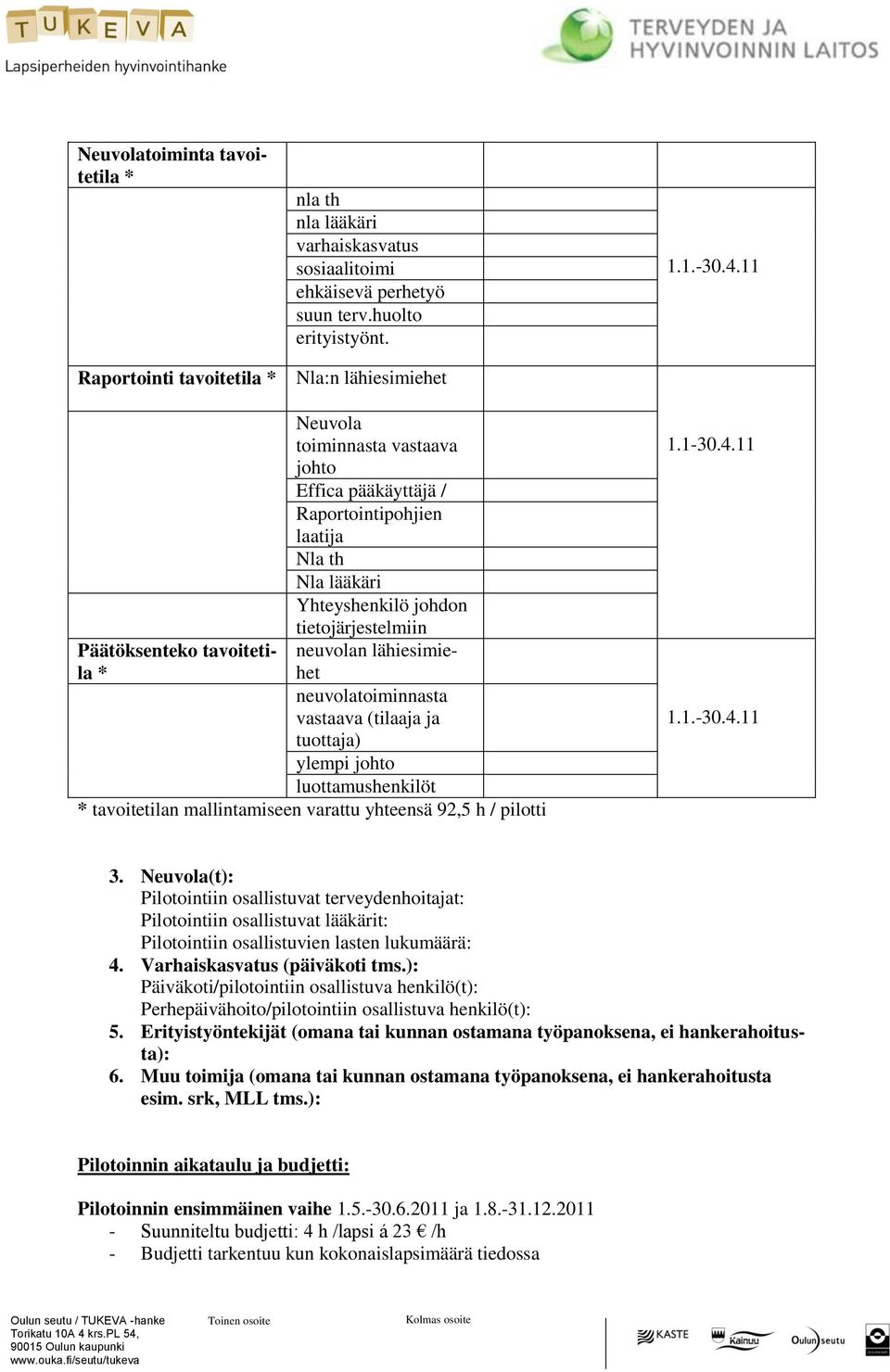 neuvolatoiminnasta vastaava (tilaaja ja tuottaja) ylempi johto luottamushenkilöt * tavoitetilan mallintamiseen varattu yhteensä 92,5 h / pilotti 1.1-30.4.11 1.1.-30.4.11 3.