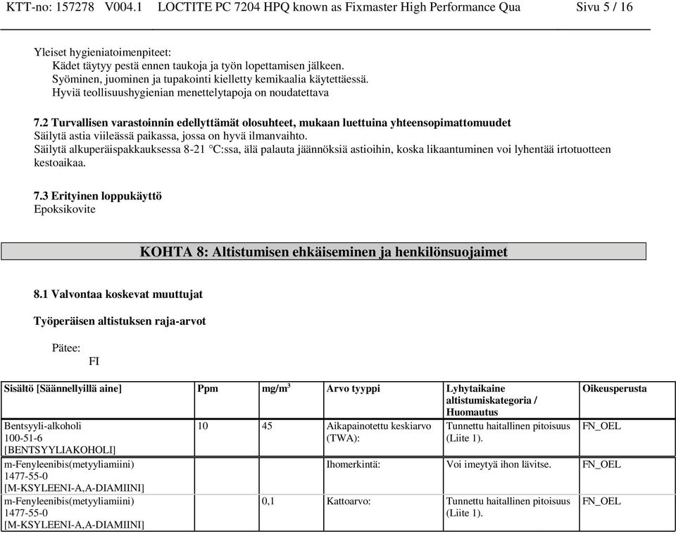 2 Turvallisen varastoinnin edellyttämät olosuhteet, mukaan luettuina yhteensopimattomuudet Säilytä astia viileässä paikassa, jossa on hyvä ilmanvaihto.