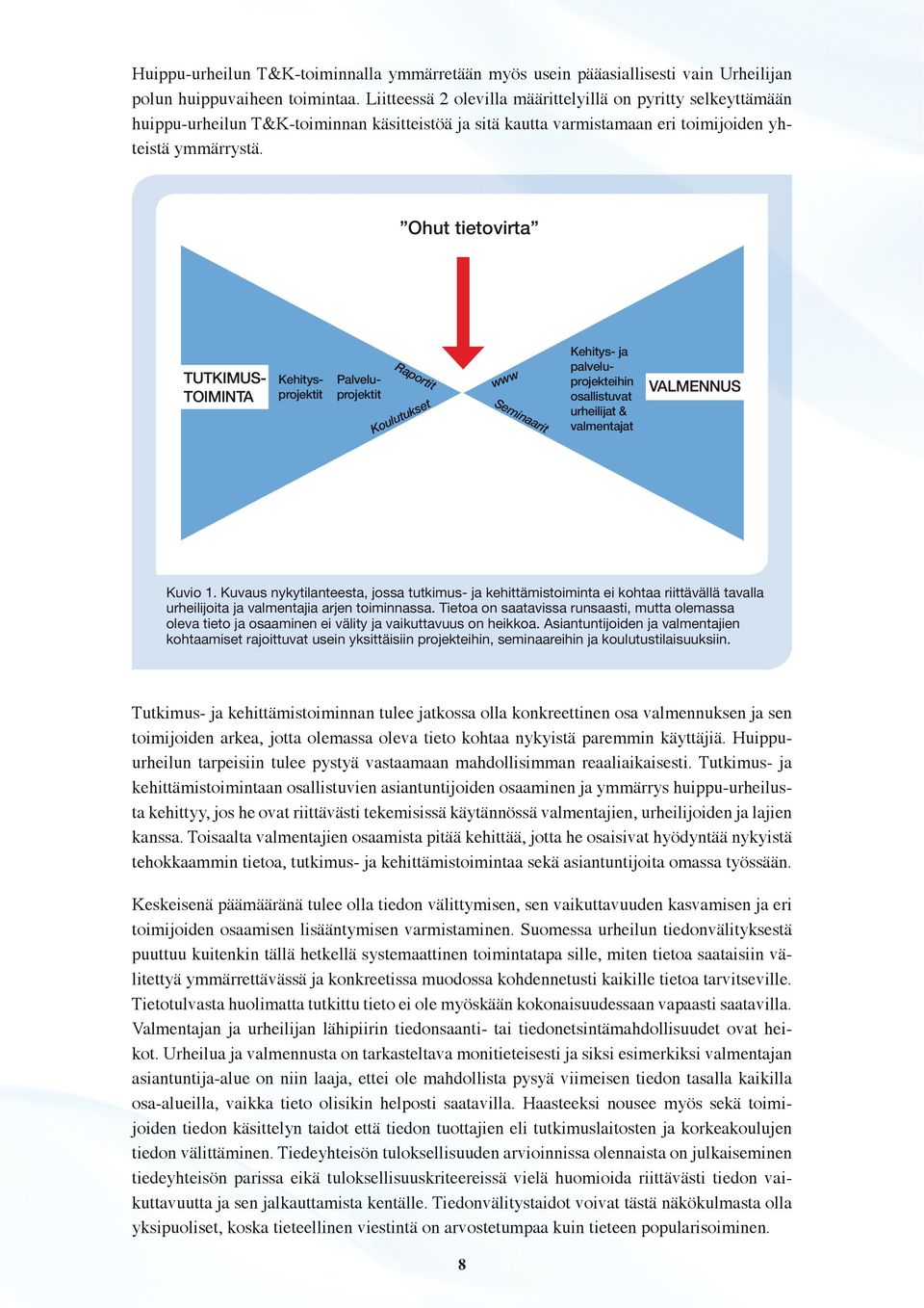 Ohut tietovirta TUTKIMUS- TOIMINTA Kehitysprojektit Palveluprojektit Raportit Koulutukset www Seminaarit Kehitys- ja palveluprojekteihin osallistuvat urheilijat & valmentajat VALMENNUS Kuvio 1.