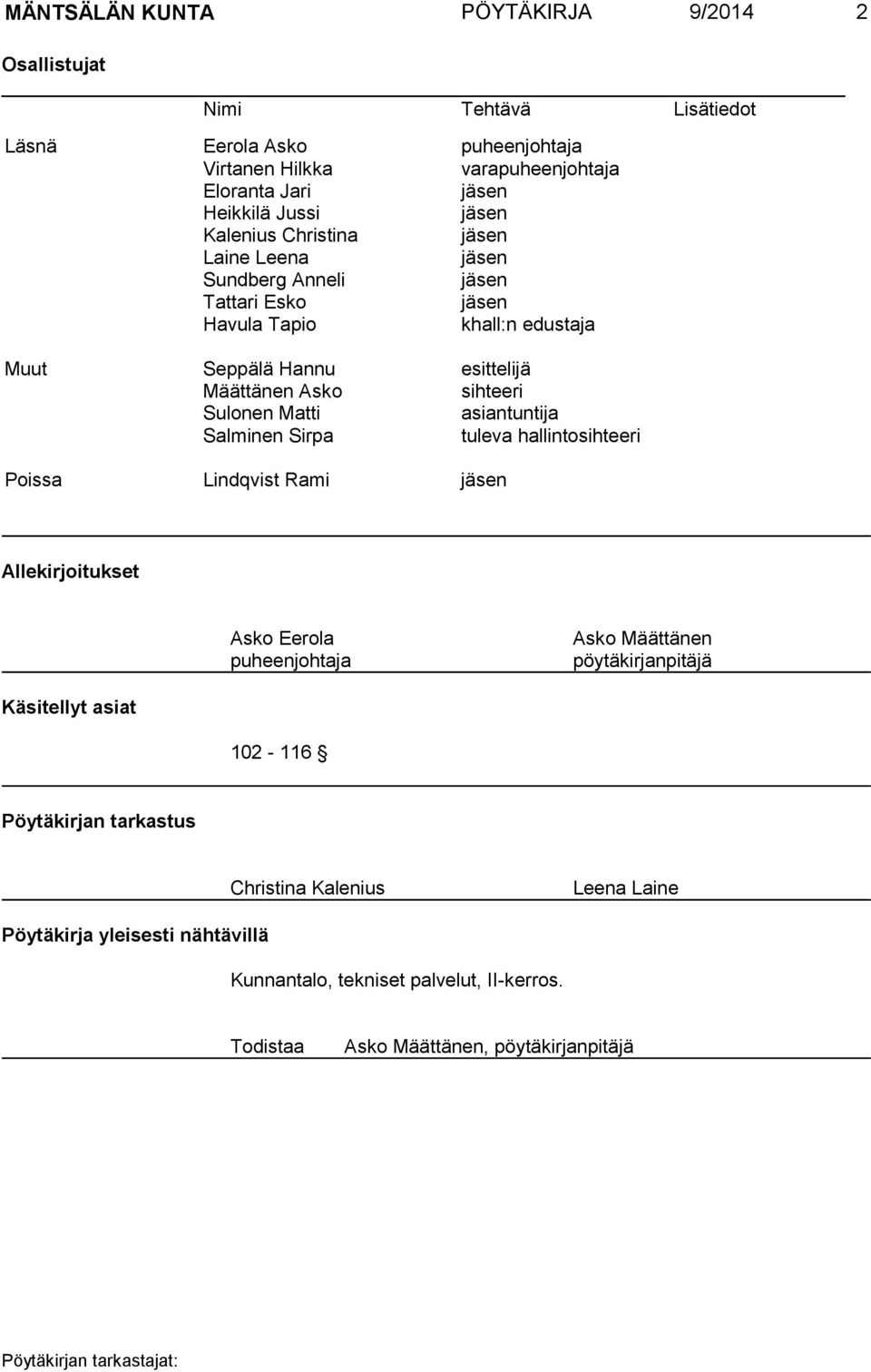 Sulonen Matti asiantuntija Salminen Sirpa tuleva hallintosihteeri Poissa Lindqvist Rami jäsen Allekirjoitukset Asko Eerola puheenjohtaja Asko Määttänen pöytäkirjanpitäjä