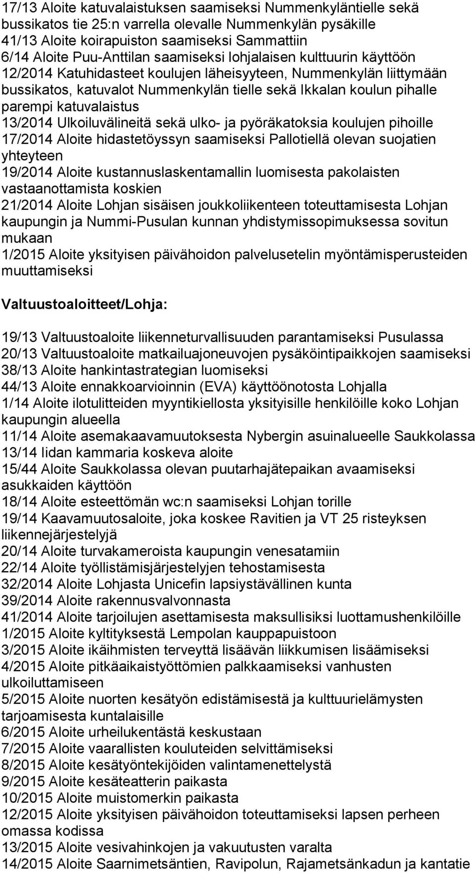 katuvalaistus 13/2014 Ulkoiluvälineitä sekä ulko- ja pyöräkatoksia koulujen pihoille 17/2014 Aloite hidastetöyssyn saamiseksi Pallotiellä olevan suojatien yhteyteen 19/2014 Aloite