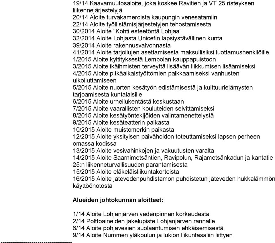 luottamushenkilöille 1/2015 Aloite kyltityksestä Lempolan kauppapuistoon 3/2015 Aloite ikäihmisten terveyttä lisäävän liikkumisen lisäämiseksi 4/2015 Aloite pitkäaikaistyöttömien palkkaamiseksi