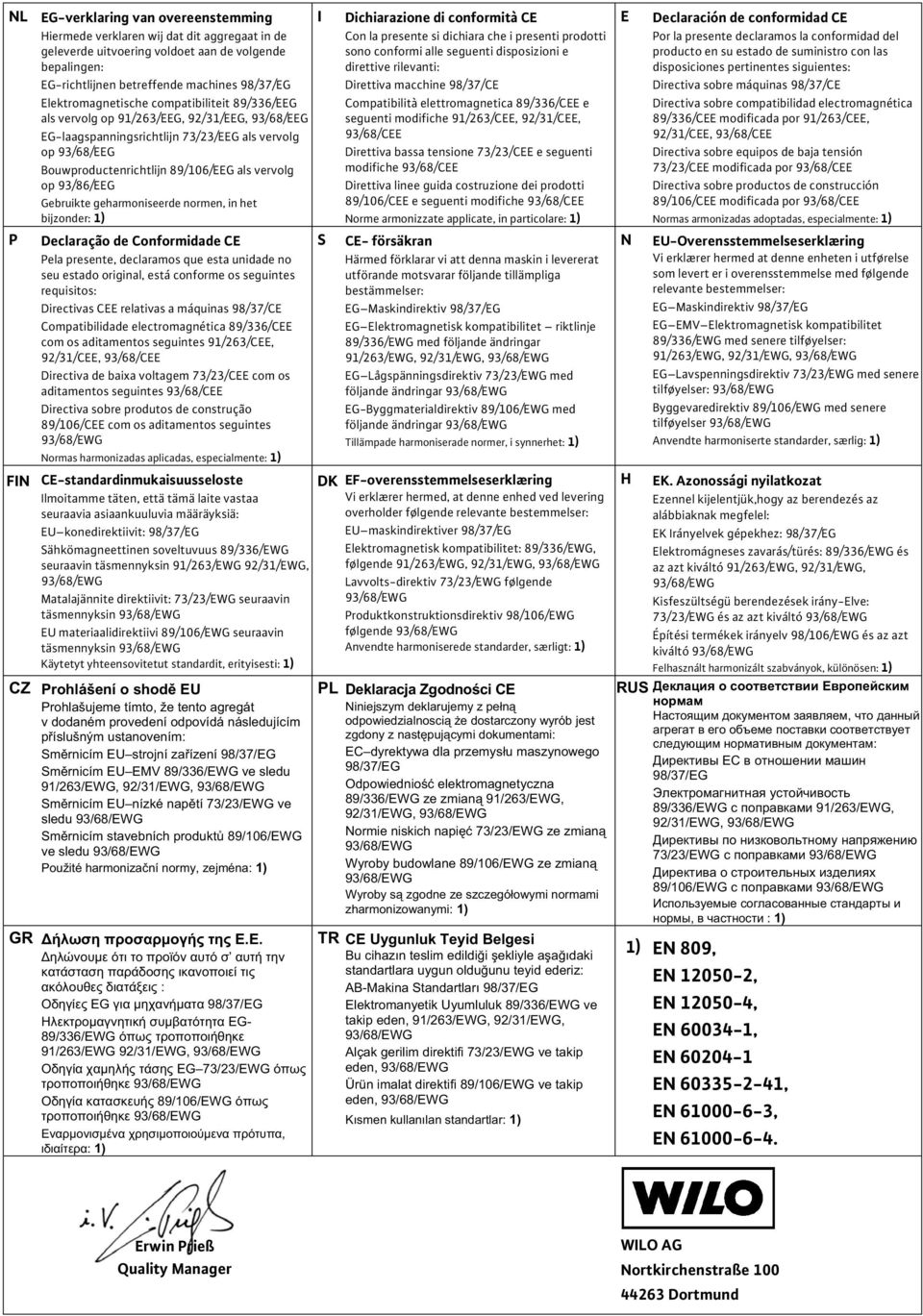 vervolg op 93/86/EEG Gebruikte geharmoniseerde normen, in het bijzonder: 1) P Declaração de Conformidade CE Pela presente, declaramos que esta unidade no seu estado original, está conforme os