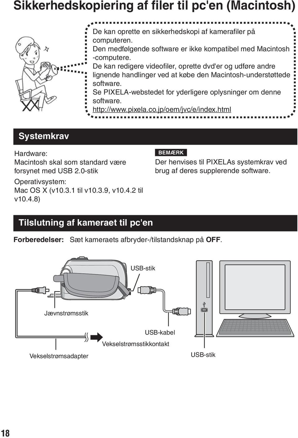 http://www.pixela.co.jp/oem/jvc/e/index.html Systemkrav Hardware: Macintosh skal som standard være forsynet med USB 2.0-stik Operativsystem: Mac OS X (v10.3.1 til v10.3.9, v10.4.