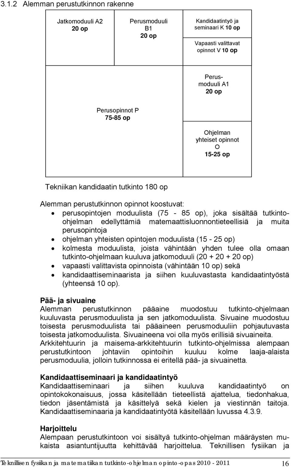 matemaattisluonnontieteellisiä ja muita perusopintoja ohjelman yhteisten opintojen moduulista (15-25 op) kolmesta moduulista, joista vähintään yhden tulee olla omaan tutkinto-ohjelmaan kuuluva