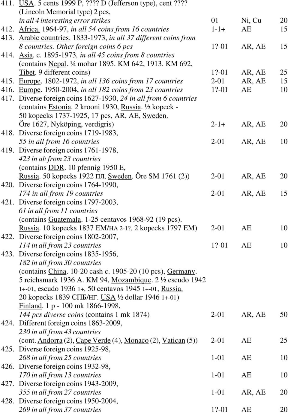 ¼ mohar 1895. KM 642, 1913. KM 692, Tibet. 9 different coins) 1?-01 AR, AE 25 415. Europe. 1802-1972, in all 136 coins from 17 countries 2-01 AR, AE 15 416. Europe. 1950-2004, in all 182 coins from 23 countries 1?