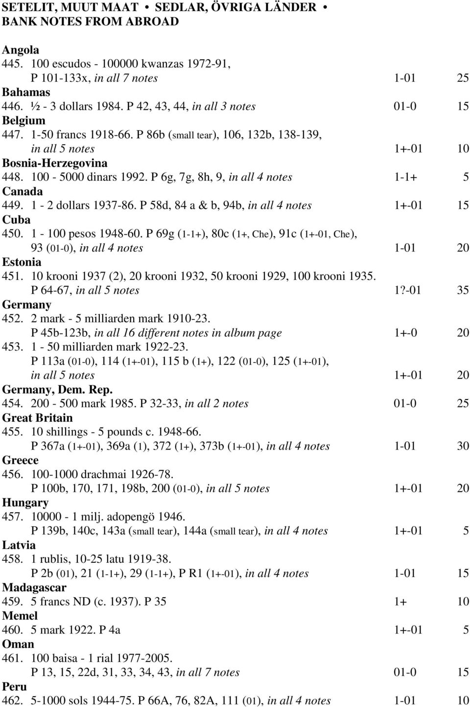 P 6g, 7g, 8h, 9, in all 4 notes 1-1+ 5 Canada 449. 1-2 dollars 1937-86. P 58d, 84 a & b, 94b, in all 4 notes 1+-01 15 Cuba 450. 1-100 pesos 1948-60.