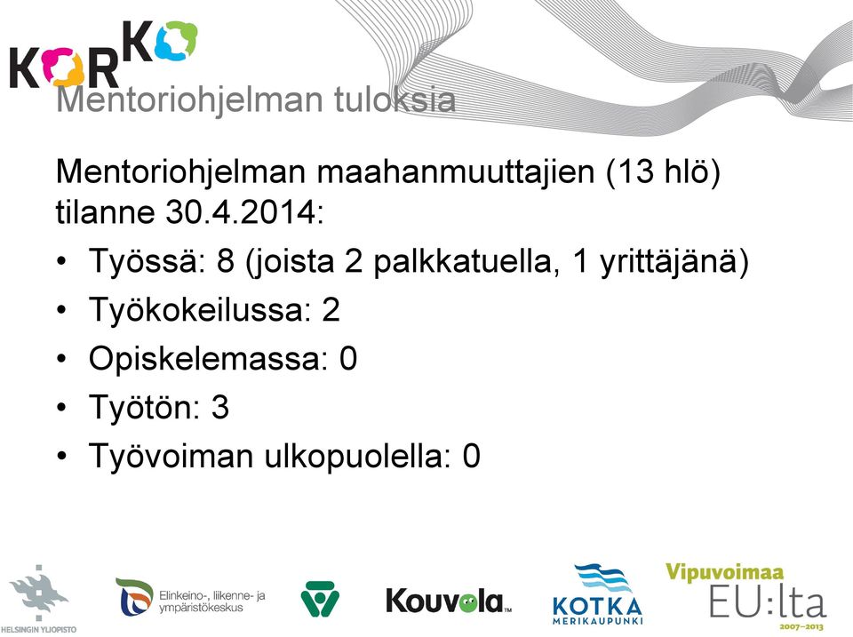 2014: Työssä: 8 (joista 2 palkkatuella, 1