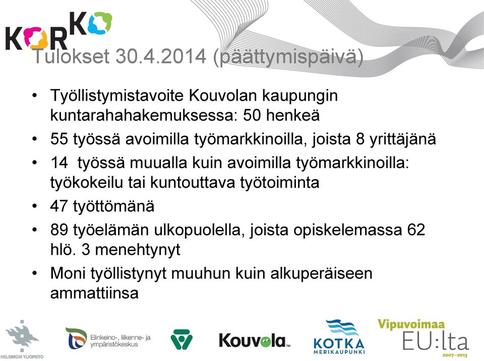 työssä avoimilla työmarkkinoilla, joista 8 yrittäjänä 14 työssä muualla kuin avoimilla