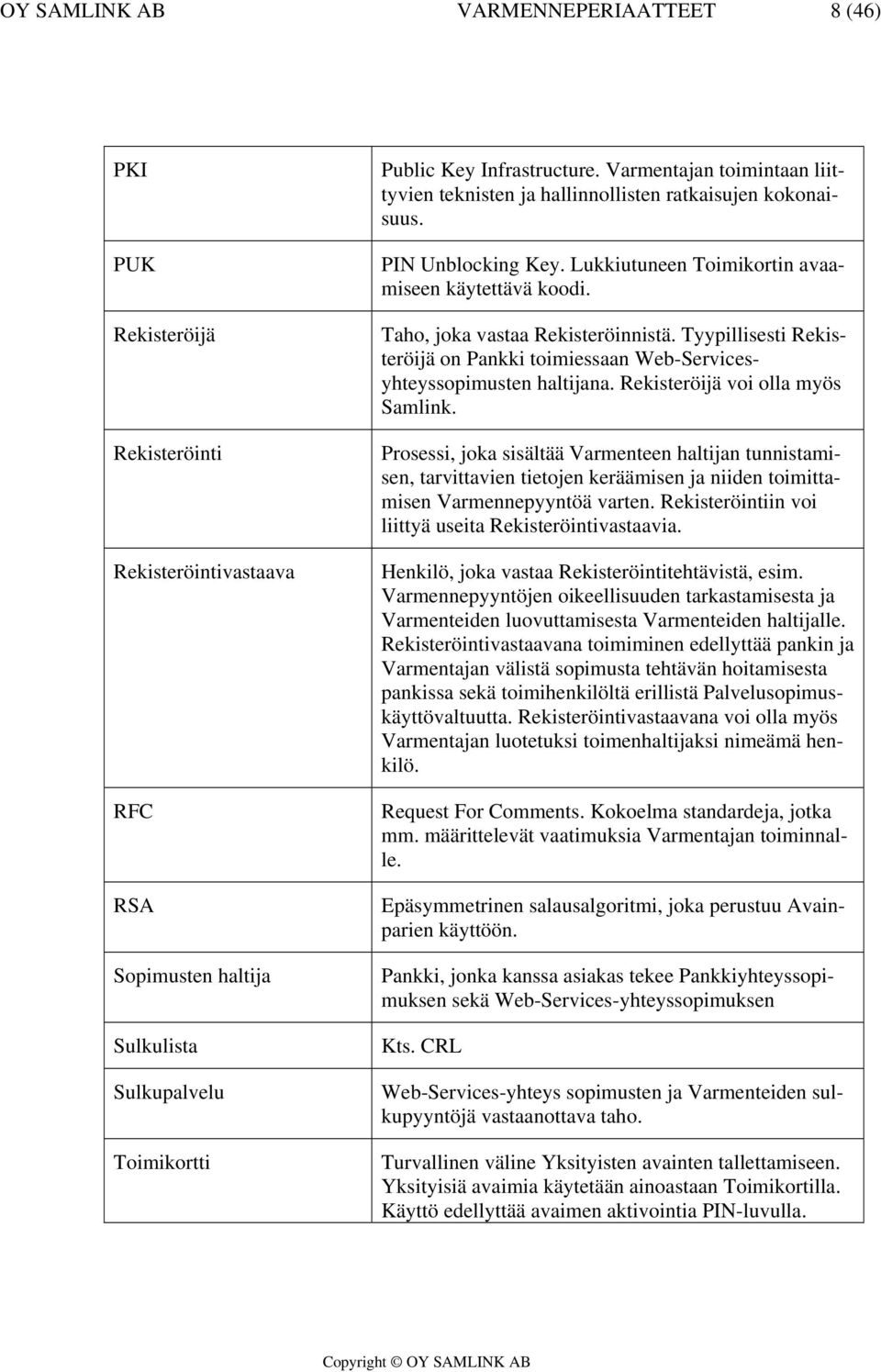 Tyypillisesti Rekisteröijä on Pankki toimiessaan Web-Servicesyhteyssopimusten haltijana. Rekisteröijä voi olla myös Samlink.