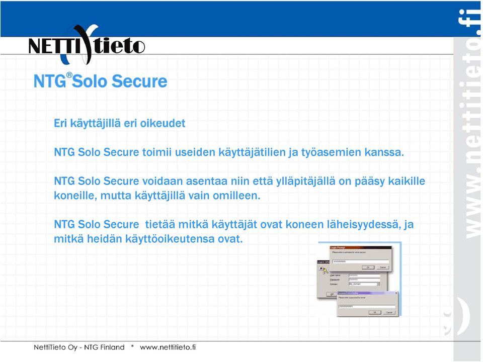 NTG Solo Secure voidaan asentaa niin että ylläpitäjällä on pääsy kaikille
