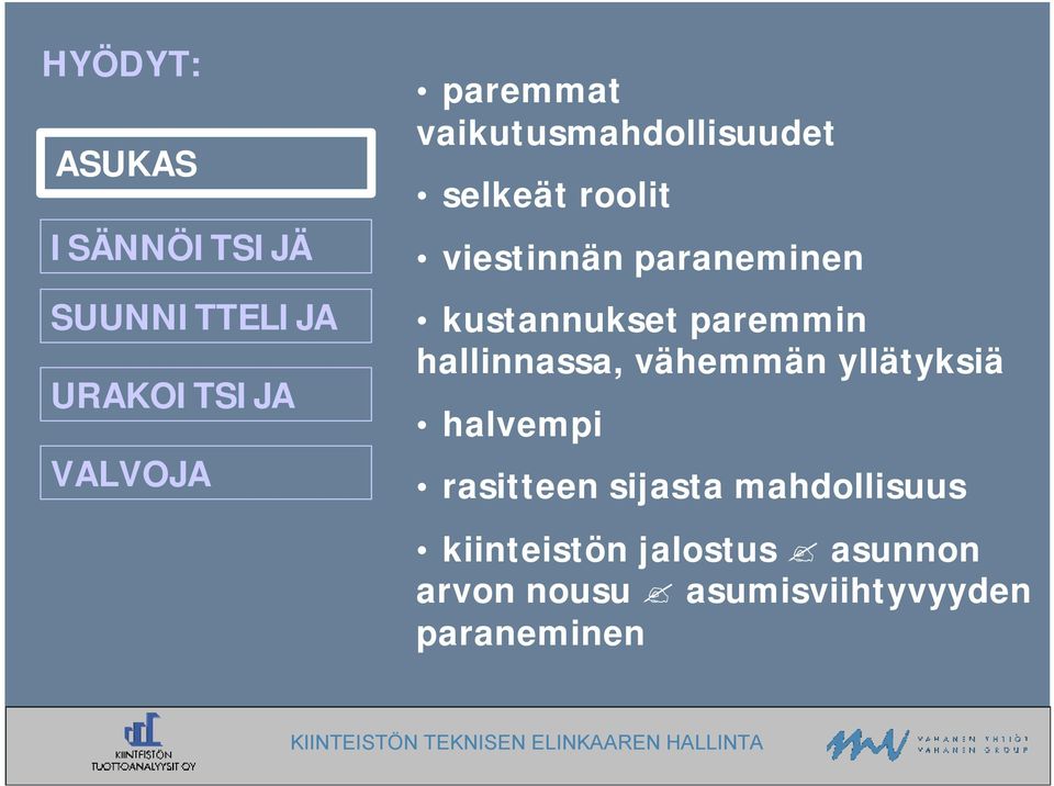 paremmin hallinnassa, vähemmän yllätyksiä halvempi rasitteen sijasta