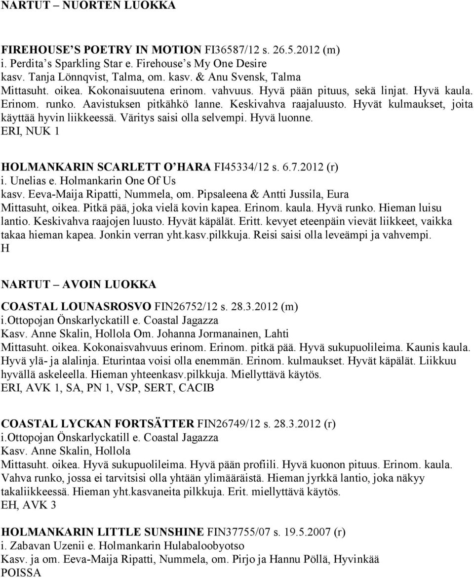 Väritys saisi olla selvempi. Hyvä luonne. ERI, NUK 1 HOLMANKARIN SCARLETT O HARA FI45334/12 s. 6.7.2012 (r) i. Unelias e. Holmankarin One Of Us kasv. Eeva-Maija Ripatti, Nummela, om.