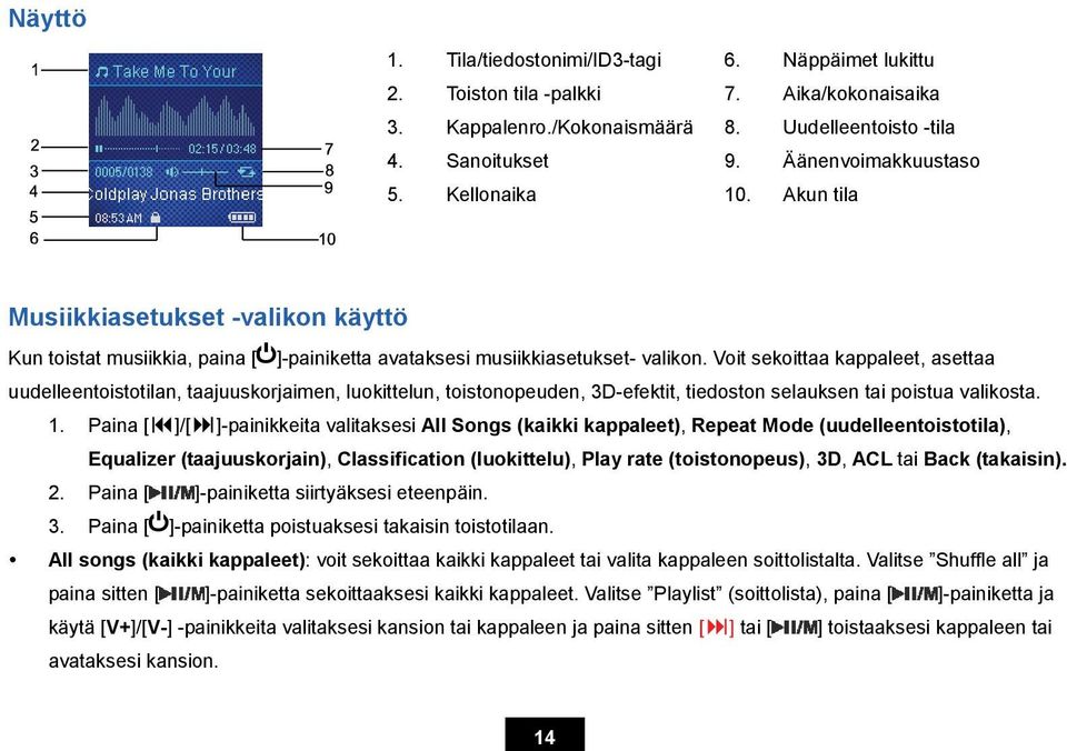 Voit sekoittaa kappaleet, asettaa uudelleentoistotilan, taajuuskorjaimen, luokittelun, toistonopeuden, 3D-efektit, tiedoston selauksen tai poistua valikosta. 1.