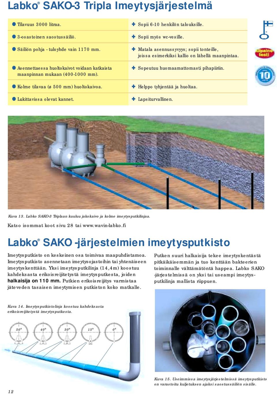 Matala asennussyvyys; sopii tonteille, joissa esimerkiksi kallio on lähellä maanpintaa. Sopeutuu huomaamattomasti pihapiiriin. Helppo tyhjentää ja huoltaa. Lapsiturvallinen. Kuva.